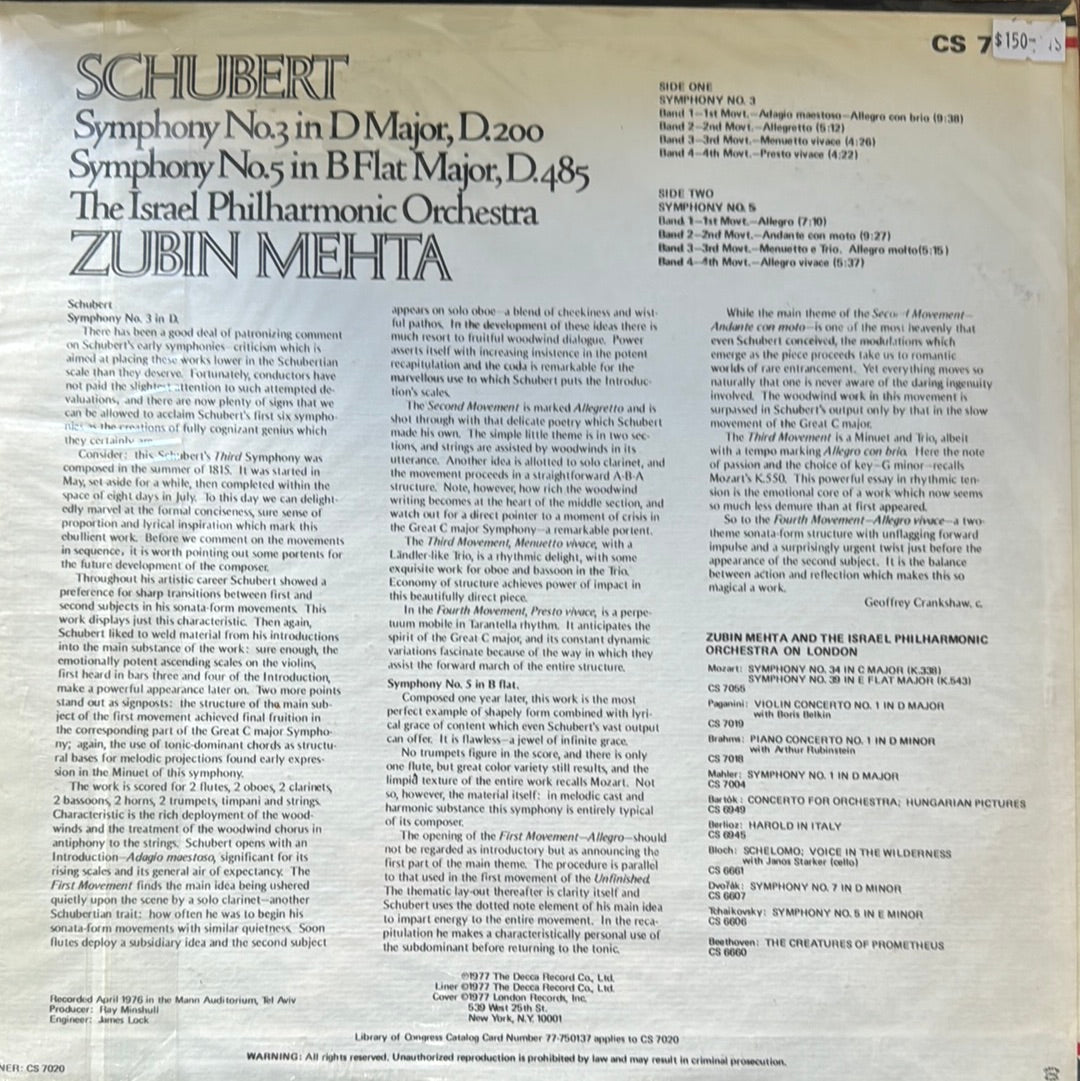 SCHUBERT SINFONÍA 3-5 Zubin Mehta